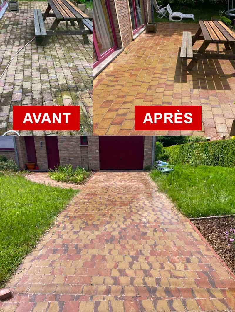 Nettoyage des extérieurs : pavés klinker, pierre bleue, murets, terrasse. Résine hydrofuge incolore allée. TECHNIC ROOF : Intervention en Belgique : Région Flamande, Wallonne et Bruxelles